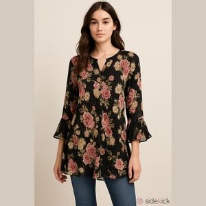 Whimsgoth Boho Black and Pink  Ruffled Bell Sleeve Blouse
